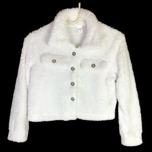 SHEIN Girls Fleece White Sweater Sz 10Y Silver Buttons Faux Chest Pockets Winter